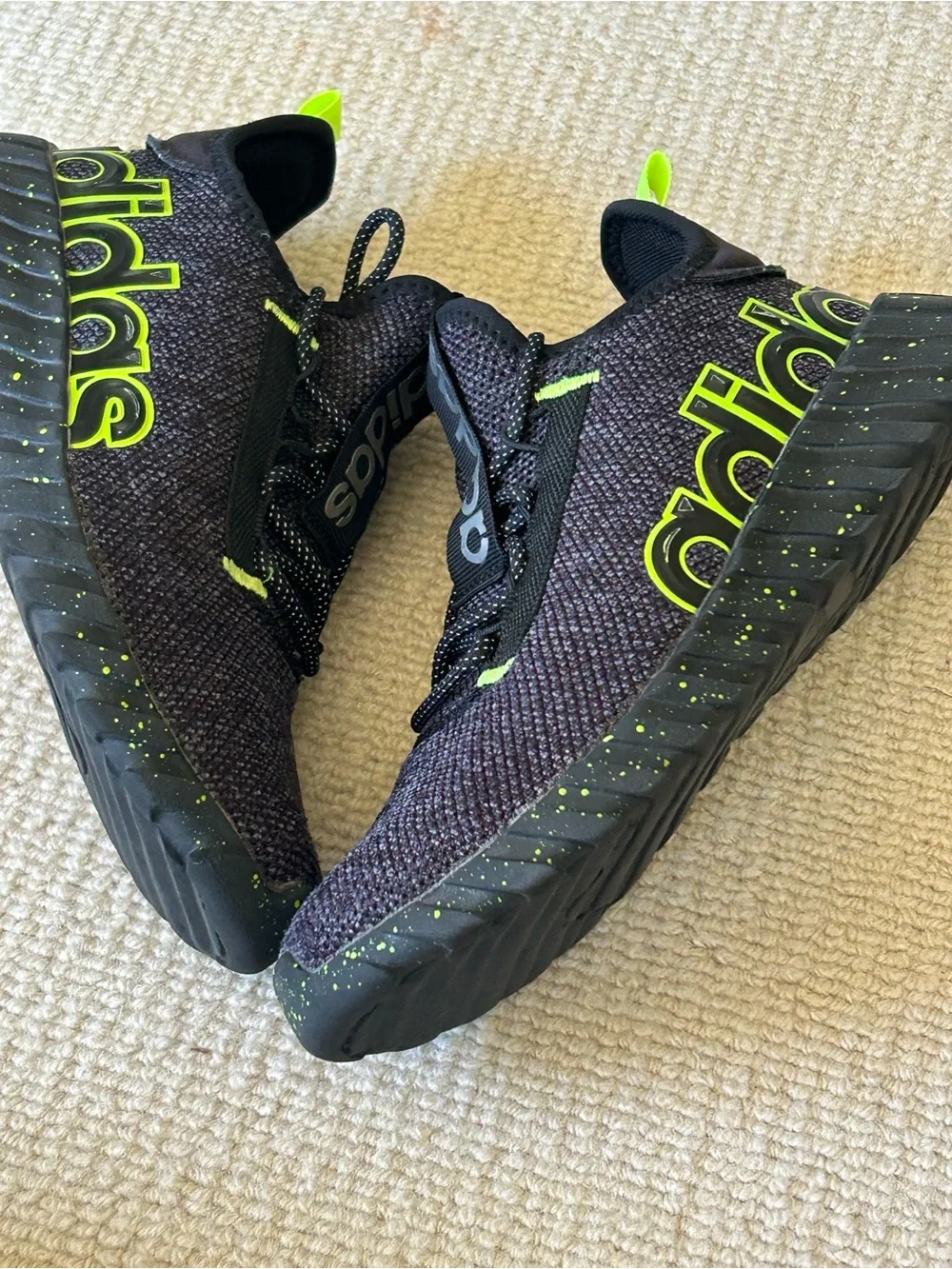 adidas Kids Black Knit Sneakers with Neon Green Accents